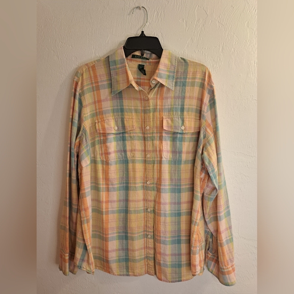 Lauren Ralph Lauren Tops - SOLD - Lauren By Ralph Lauren - Sz. 2x Pastel Plaid Button-Down Top 55% Linen